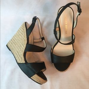 Black Leather Espadrille Wedges